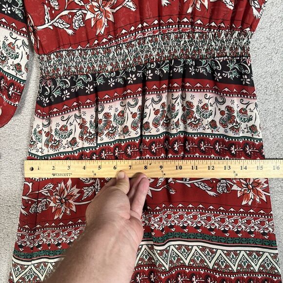 H&M Conscious Womens Maxi Dress 8 Chiffon Red Floral Sheer Smocked Boho Key Hole - Picture 8 of 16